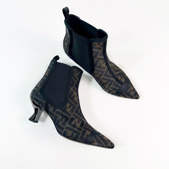 FENDI Colibri Mesh Leather Chelsea Booties Size 37.5 Brown Black FF Ankle Boots - Picture 14 of 15